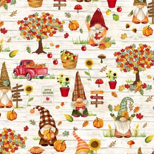 Pieza EOB de 27". Gnomos de otoño, gnomos crema, huerto de calabazas y recolección de manzanas - Tesoro atemporal de Gail Cadden. Patrón n.° CD-2127. Color crema, 100 % algodón.