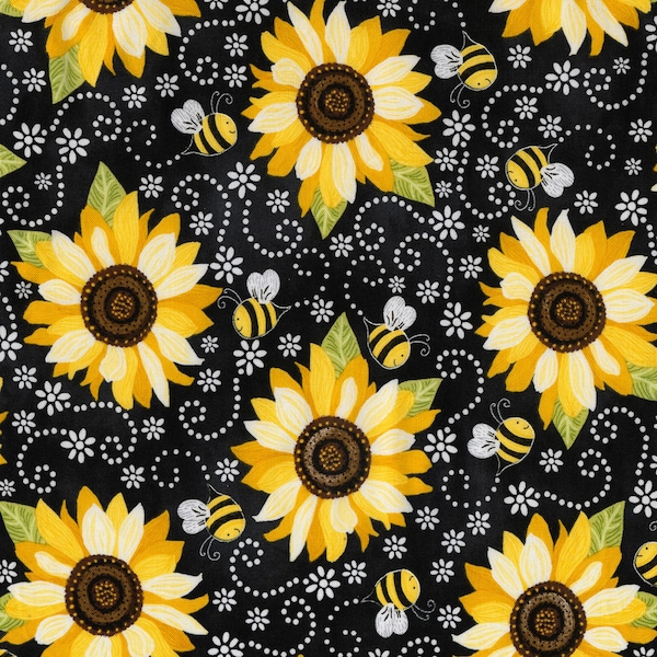 You Are My Sunshine Collection, From Timeless Treasure, Black with Sunflowers and bee print, Back in Stock