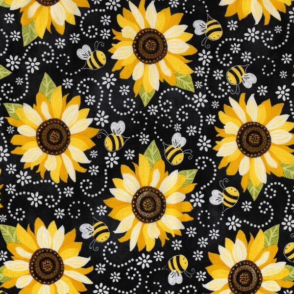 3/4 YD, EOB You Are My Sunshine Collection, From Timeless Treasure, Black with Sunflowers and bee print. Best Seller!