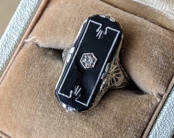 Antique Art Deco 14K White Gold Onyx and Diamond Mourning Estate Statement Pinky Ring