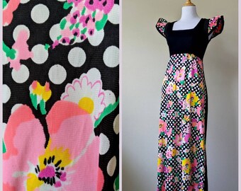 Vintage 70s Floral Polkadot Ruffle Sleeve Dayglow Hippie Bohemian Maxi Dress