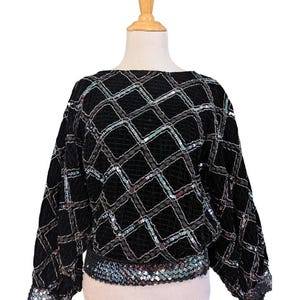 Vintage 70s quilted black velvet gunmetal sequin and lurex disco top