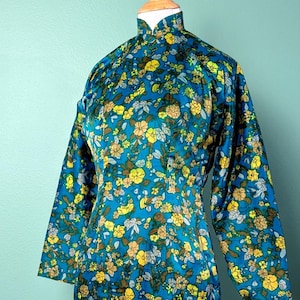 Vintage 50s Silk blue floral cheongsam Qipao Chinese Asian Japanese dress