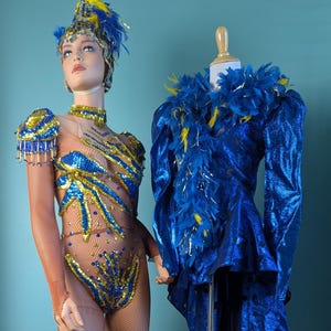Vintage 3 piece blue and gold showgirl circus performer trapeze aerielist carinval costume