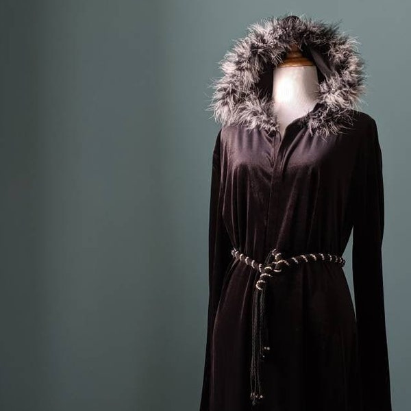 Vintage 90s Hooded Gothic Witch Velvet Jacket Duster Coat with Marabou Feather