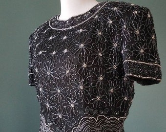 Vintage 80s Black and Silver Silk Beaded Blouse