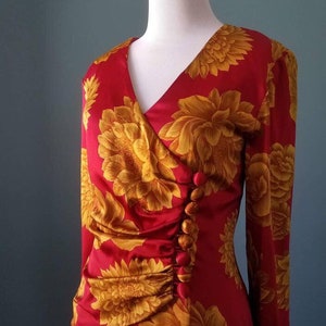 Vintage 40s Floral Silk Dress Vintage 80s Silk Red and Gold Floral Dress image 2