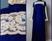 Vintage 60s 70s Royal Blue Velvet and Floral Lace Renaissance Medieval Victorian Revival Gunne Sax Style Dress