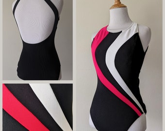 Vintage 70s 80s Halter racerback  black red and white swimsuit bathing suit