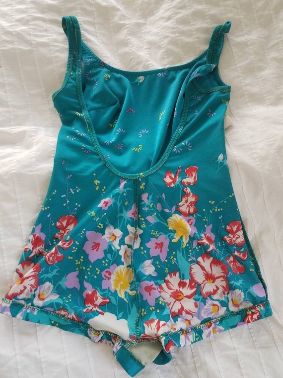 Vintage 70s Teal Blue Green Floral Pin up Swim Su… - image 7