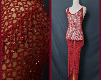 Vintage Y2K Red Beaded Fringe Crocheted Mesh Gown/Dress