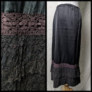 Antique Victorian Black Silk Brown Lace Petticoat Skirt image 1