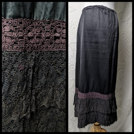 Antique Victorian Black Silk Brown Lace Petticoat… - image 1