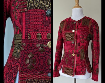 Vintage 70s Red Black and Gold Lurex Baroque Mosaic Print  Dress Jacket