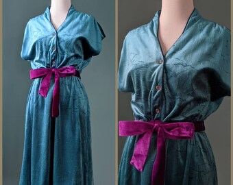 Vintage 70s Velvet Velour Teal and Purple Belt Sash Dress