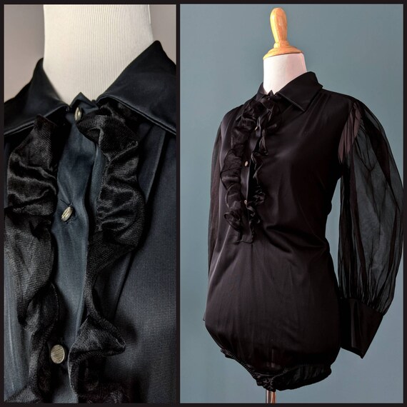 Vintage 60s 70s Black Ruffle Sheer Balloon Sleeve