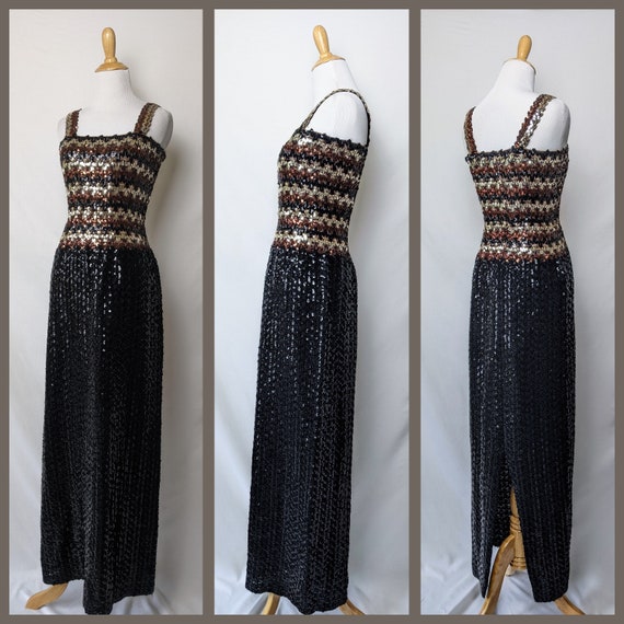 Vintage 60s 70s Black Gold and Bronze sequin dres… - image 6