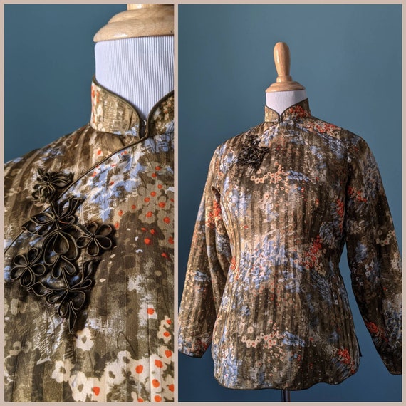 Vintage olive green silky oriental print shirt size L