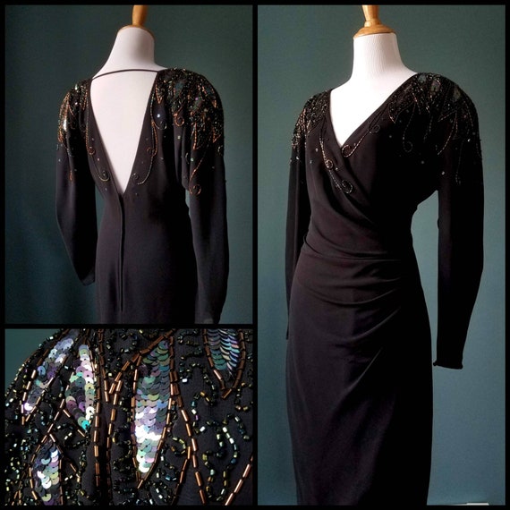 Vintage 80s Black Beaded peacock aurora borealis O