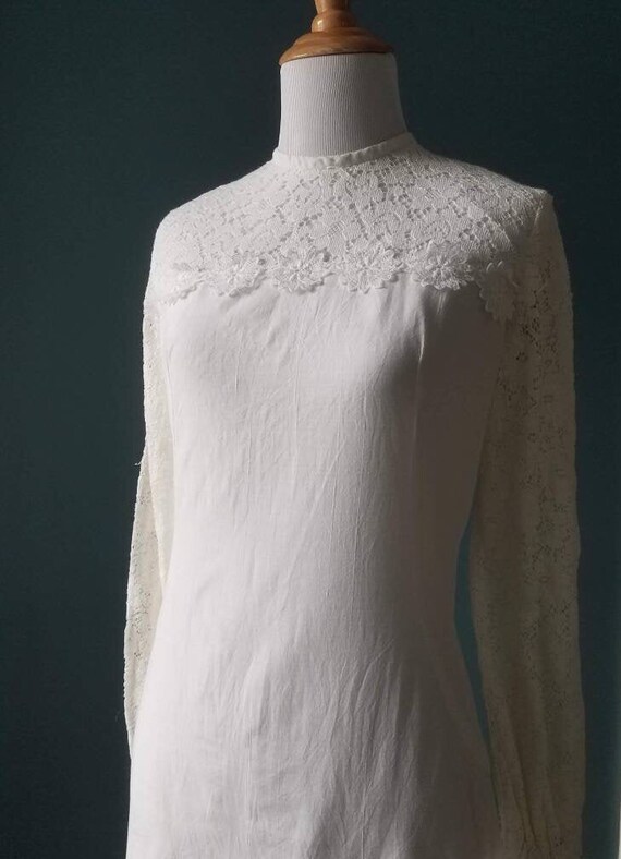 60s 70s White Linen Cotton Lace Bohemian Wedding … - image 5