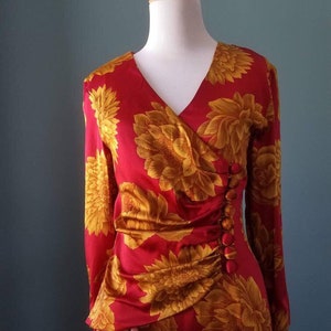Vintage 40s Floral Silk Dress Vintage 80s Silk Red and Gold Floral Dress image 4