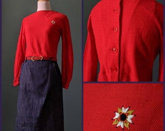 Vintage 70s 80s Denim Blue and Red Embroidered Sunflower Dress