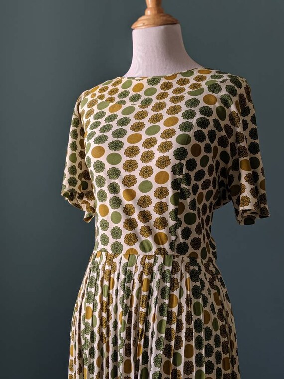 Vintage 50s 60s Mustard Yellow Green Floral Polka