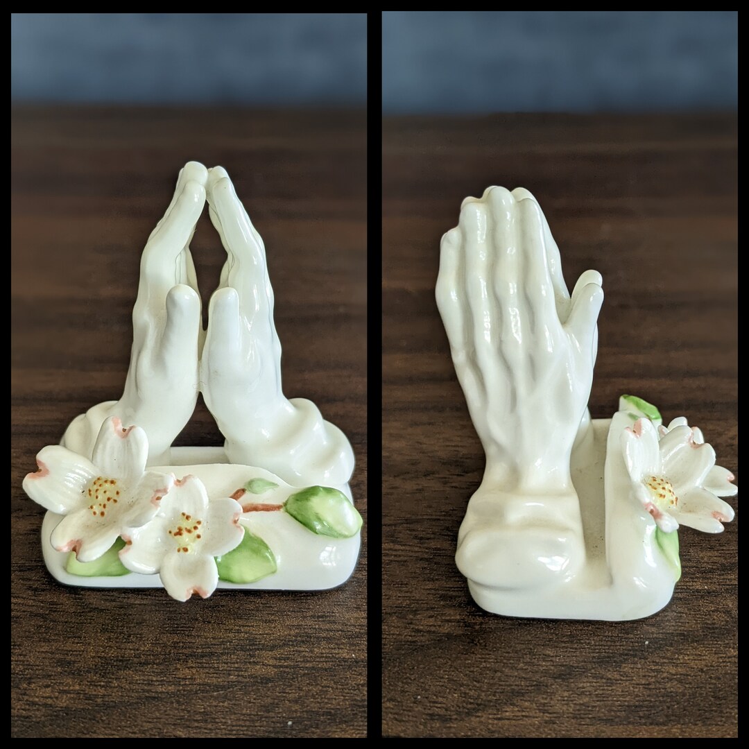 Vintage Ceramic Praying Hands Floral Card Display Figurine Etsy