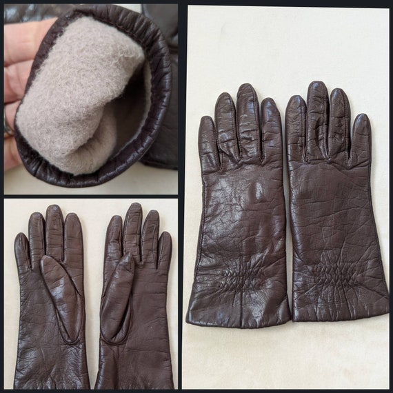 Vintage Brown Genuine Leather Fleece Lined Gloves - image 1