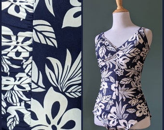 Vintage 80er Jahre 90er Jahre Gabar Blau und Weiß Tropische Blume Hibiskus Hawaii-Print Badeanzug Badeanzug