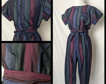 Vintage 70s 80s Dark Plum Grey and Navy Stripe Jumpsuit