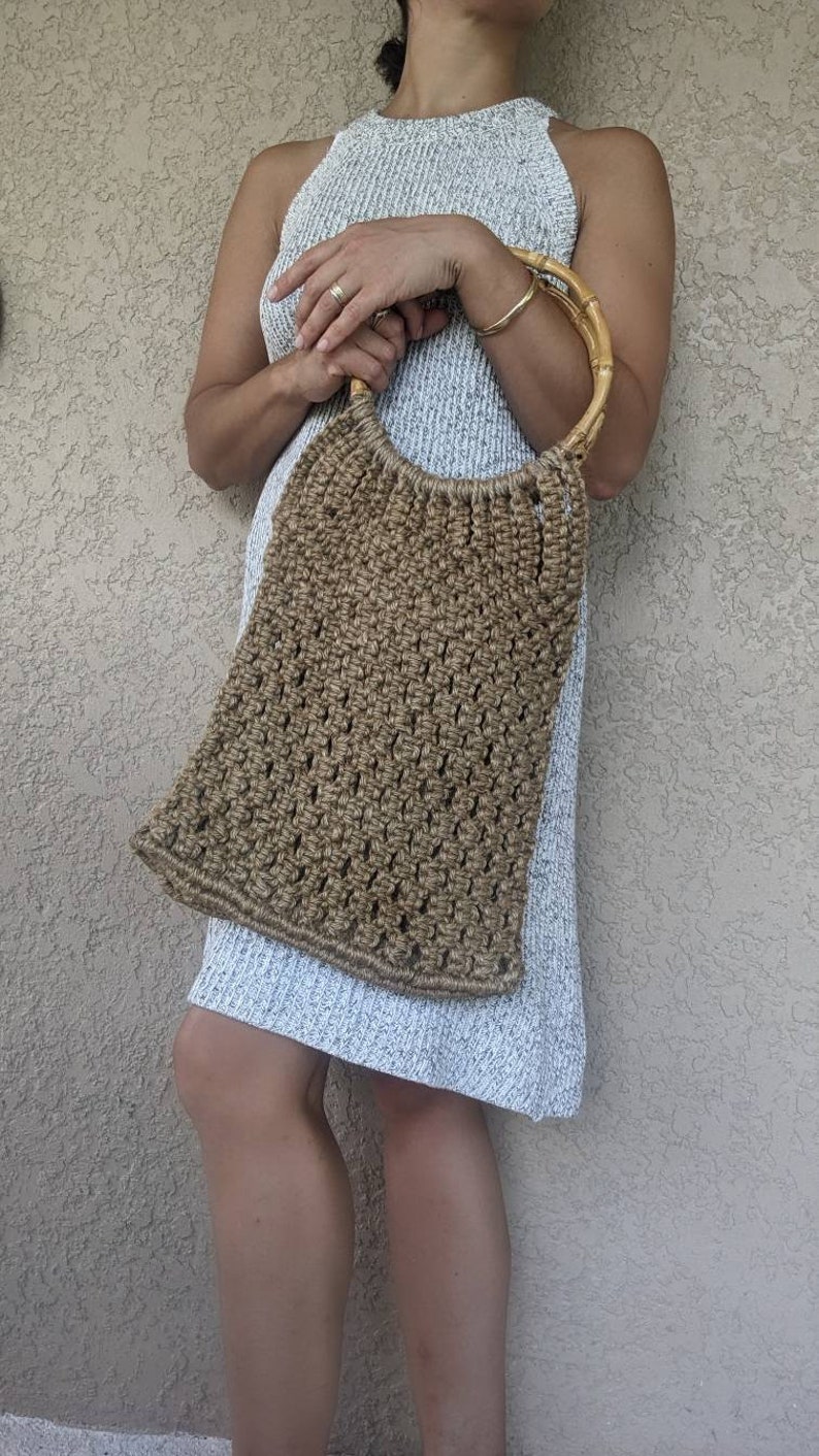 Vintage 70s Hemp Crocheted Macrame Bamboo Handle Bohemian Beach Bag Shopping Bag model 1