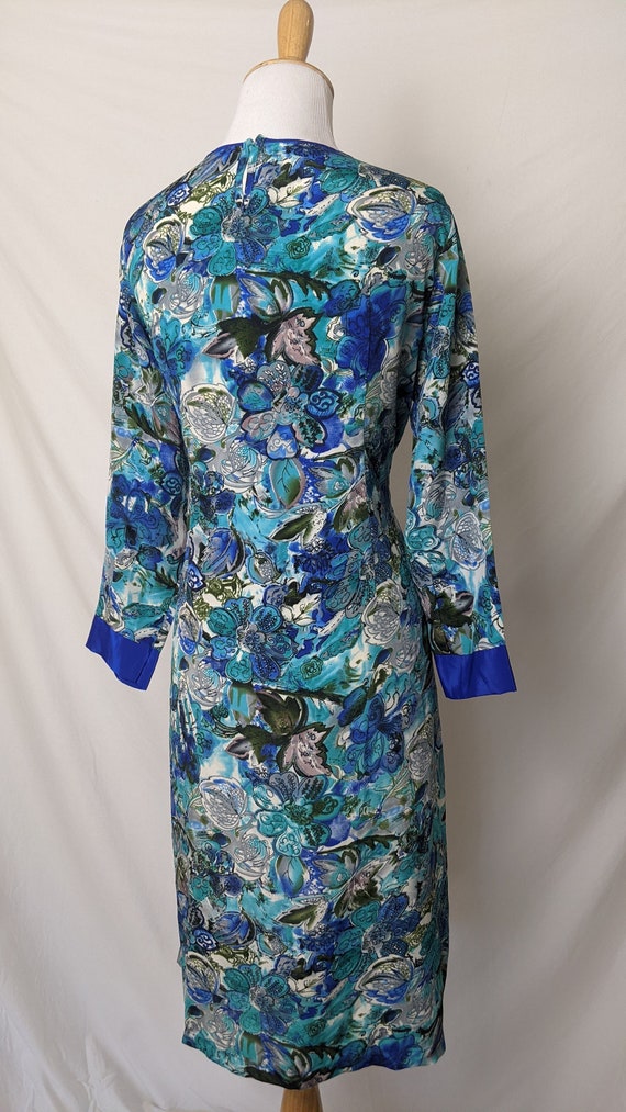 Vintage 60s 70s Tonal Blue and Teal Floral Dress - image 4