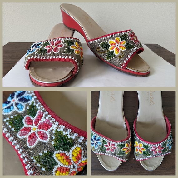 Vintage 50s 60s Red beaded floral leather sandals… - image 1