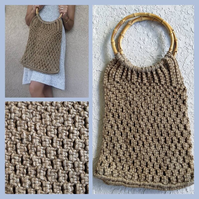 Vintage 70s Hemp Crocheted Macrame Bamboo Handle Bohemian Beach Bag Shopping Bag cover