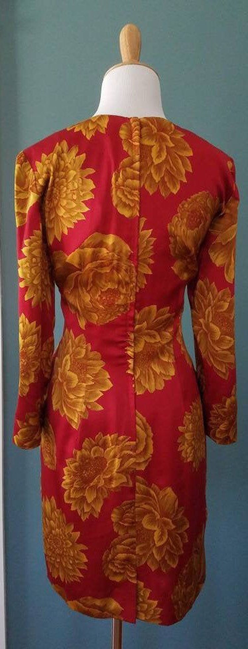 Vintage 40s Floral Silk Dress Vintage 80s Silk Red and Gold Floral Dress image 8