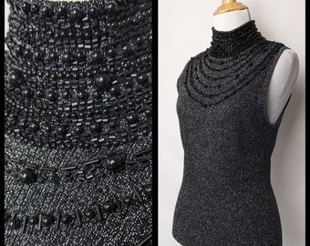 Vintage Black and Silver Lurex Beaded Knit Sparkle Tank Top