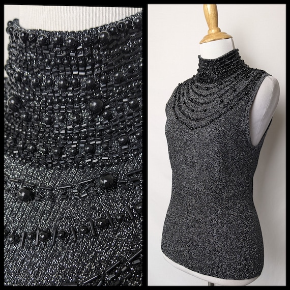 Vintage Black and Silver Lurex Beaded Knit Sparkl… - image 1