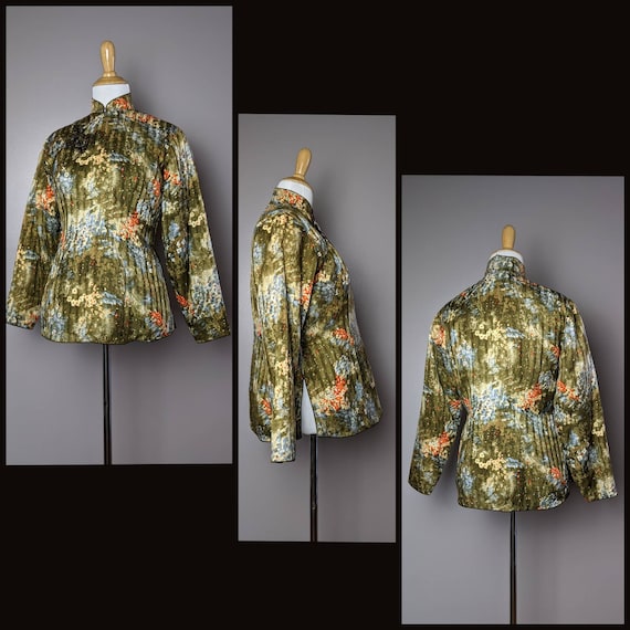 Vintage 40s 50s Olive Green Floral Silk Asian Chi… - image 7