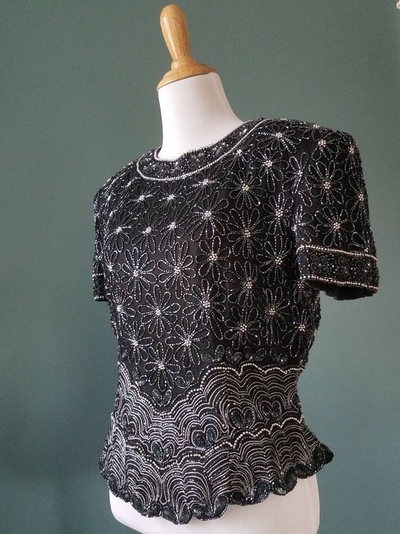 Vintage 80s Black and Silver Silk Beaded Blouse