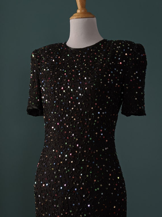 Vintage 80s 90s Black Silk Beaded Rainbow Sequin … - image 3