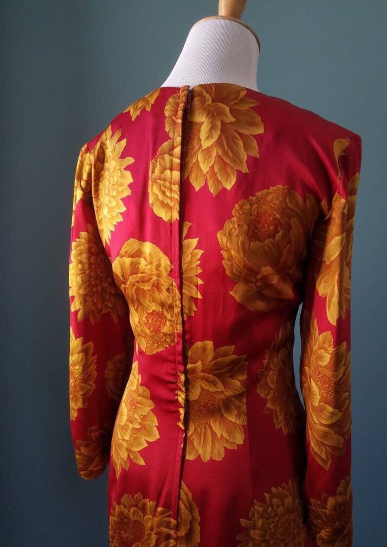 Vintage 40s Floral Silk Dress Vintage 80s Silk Red and Gold Floral Dress image 5