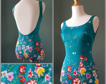 Vintage 70s Teal Azul Verde Floral Pin up Traje de baño Traje de baño