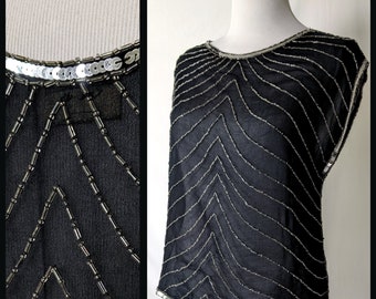 Vintage Black Silk Silver Sequin Beaded Top