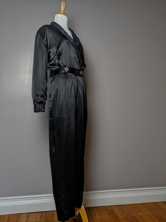 Vintage 90s Black Silk Beaded Jumpsuit Dead Stock… - image 3