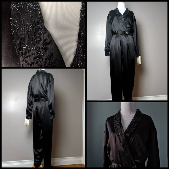 Vintage 90s Black Silk Beaded Jumpsuit Dead Stock… - image 1