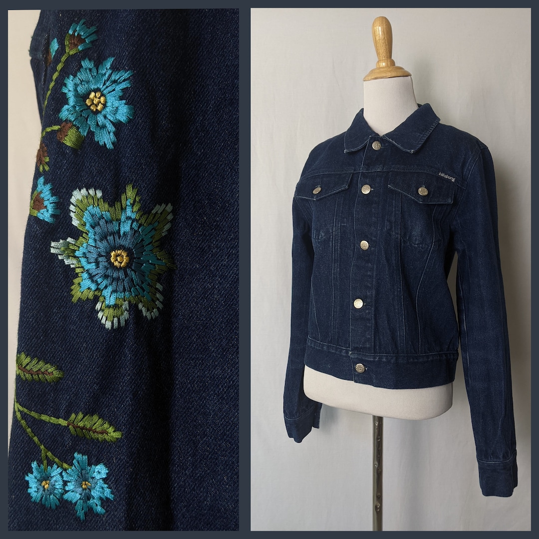 Vintage Y2K Dark Denim Embroidered Floral Jacket - Etsy