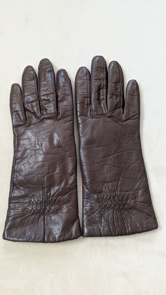 Vintage Brown Genuine Leather Fleece Lined Gloves - image 2