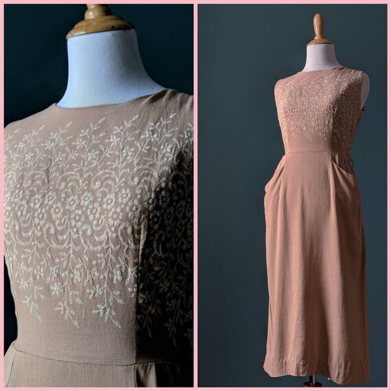 Vintage 40s 50s Nude Natural Beige Floral Dress w