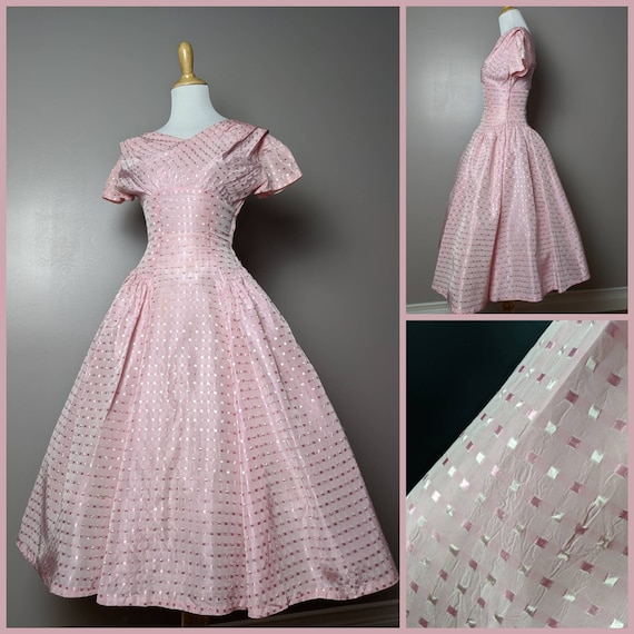 Vintage 40s 50s Pink Taffeta Full Skirt Party Dres